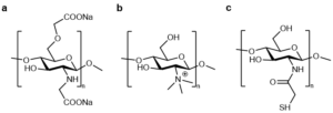 Figure 2 Structures of (a) carboxymethyl chitosan (CMC), (b) trimethyl chitosan (TMC), and (c) chitosan-thioglycolic acid (Chitrots-TGA)